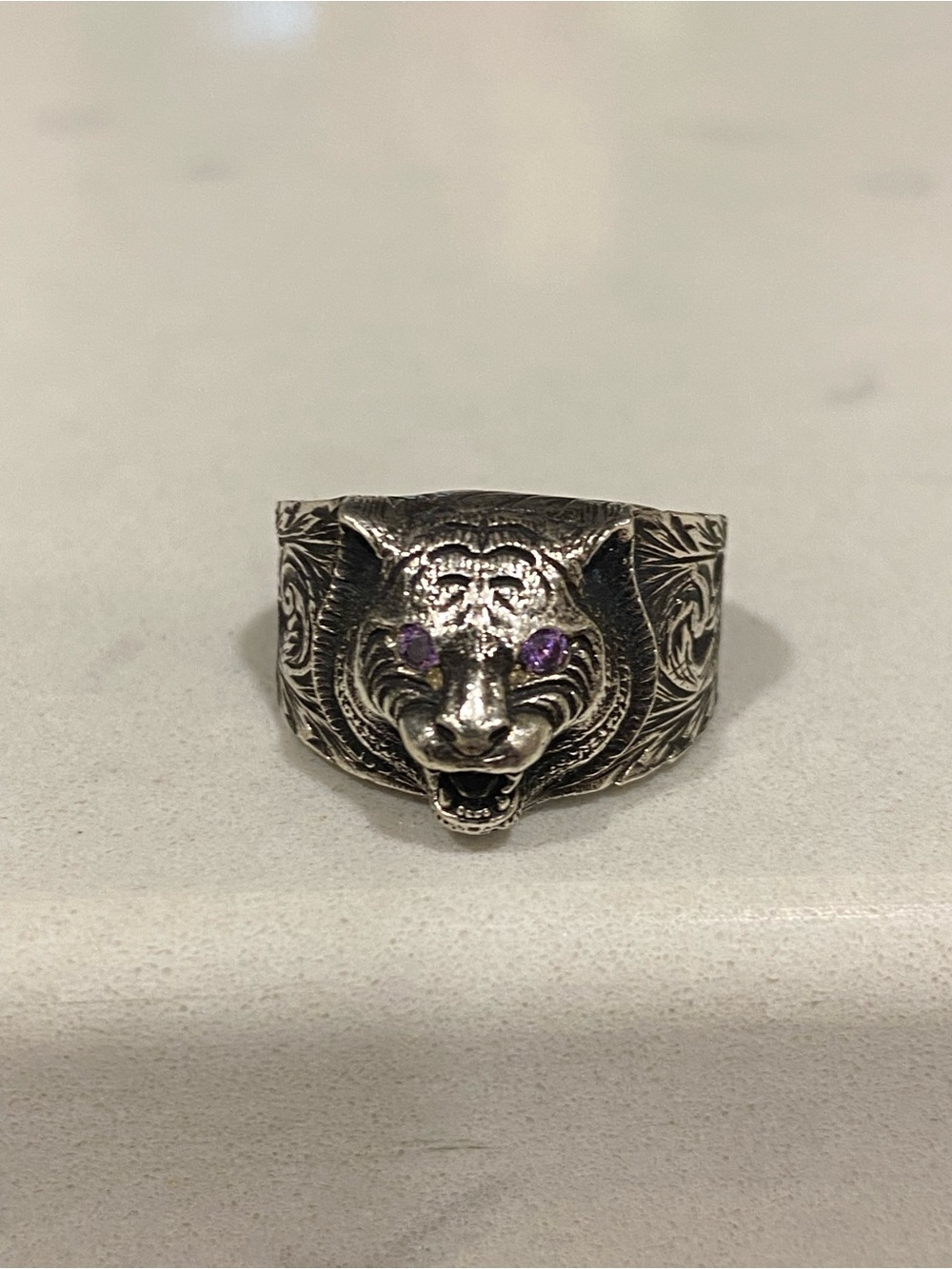 Gucci Silver Tiger Head Ring with Purple Stone Eyes